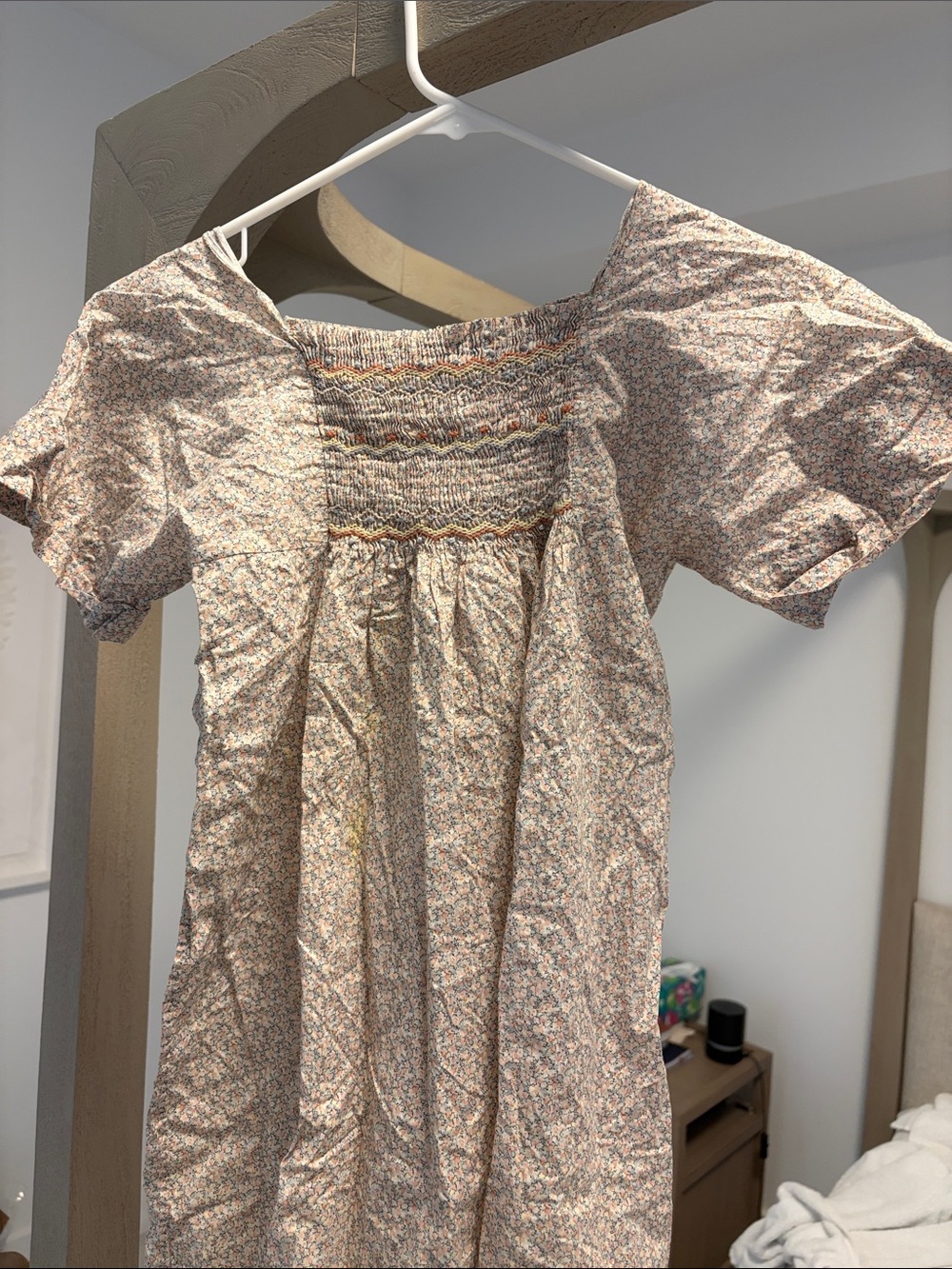 Bonpoint Beige Floral Smocked Puff-Sleeve Dress with Pink Accents